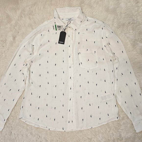 Kensie Women's White Black Ligting Print Buttons Up Shirt Size: L - Picture 2 of 10